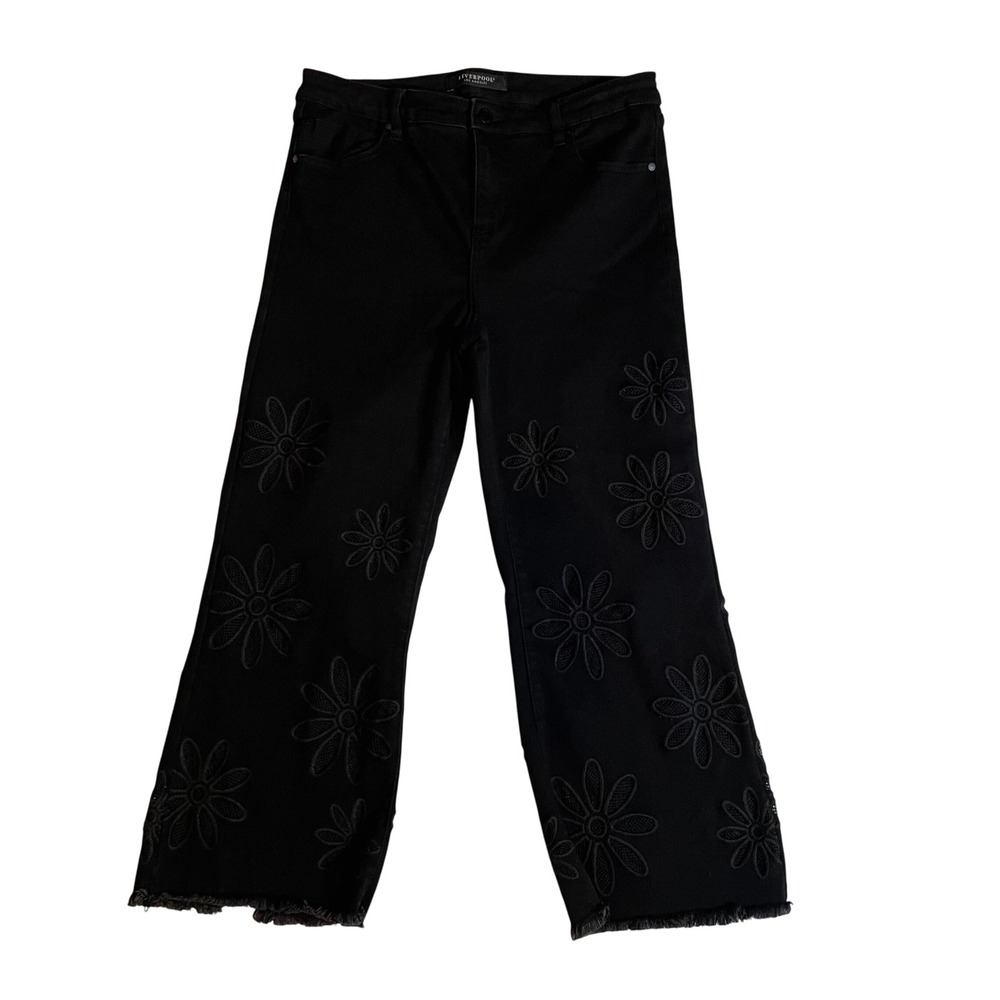 Liverpool Hannah Crop Flare Jeans Black Floral Eyelet 12/31 Raw Hem Boho Chic - Picture 2 of 9